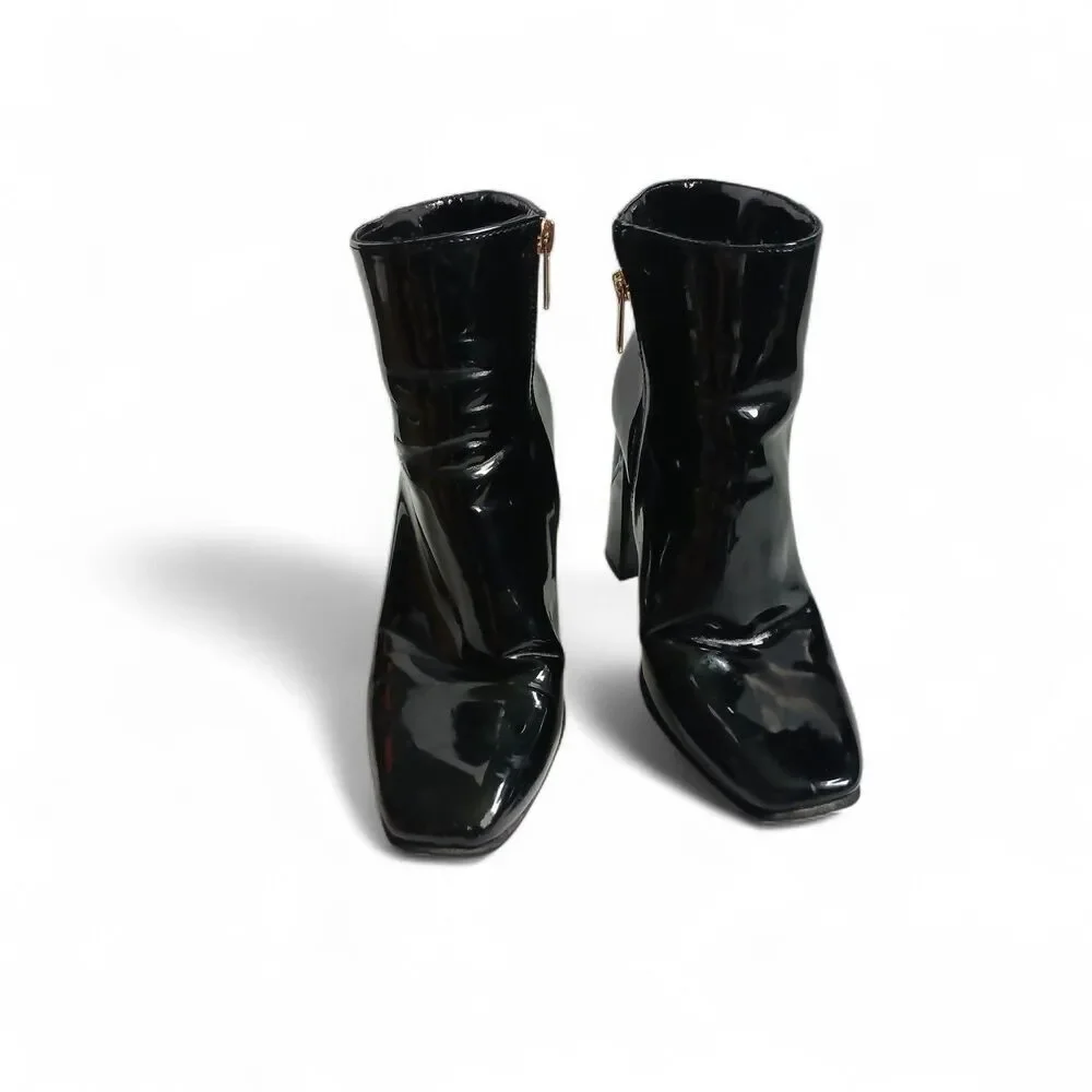 JLO Jennifer Lopez Black Patent AnkleBoots Block HeelSideZipWomen’s SIZE39 8-8.5